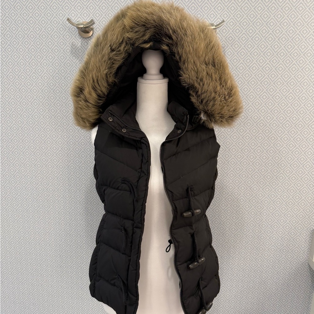 Black Puffer Vest with removable Faux Fur Hood